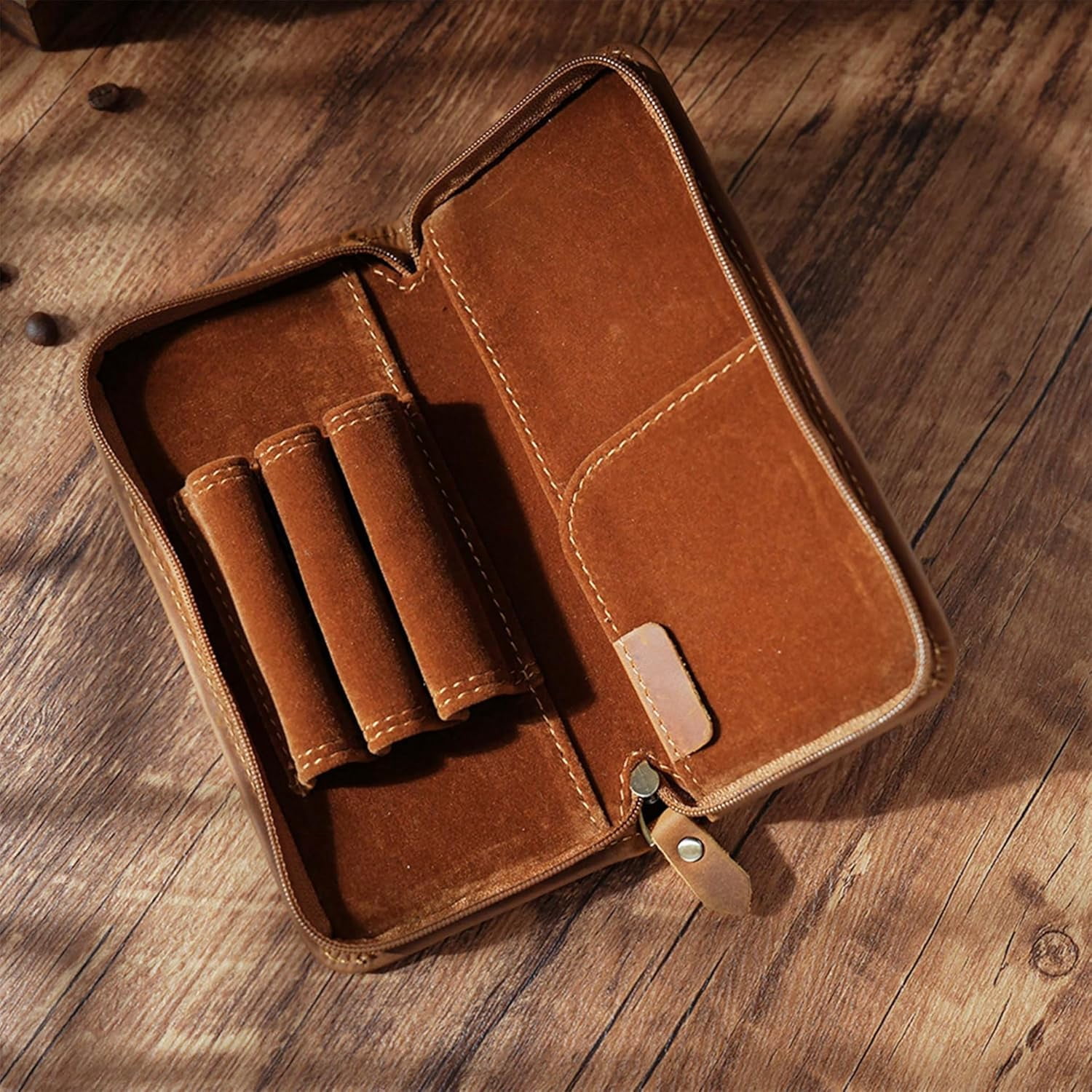 ABPETE Vintage Leather Fountain Pen Case 3 Divided Slots, Zippered Pen Case Pouch, Handmade Display Holder for Rollerball Pen (Brown)
