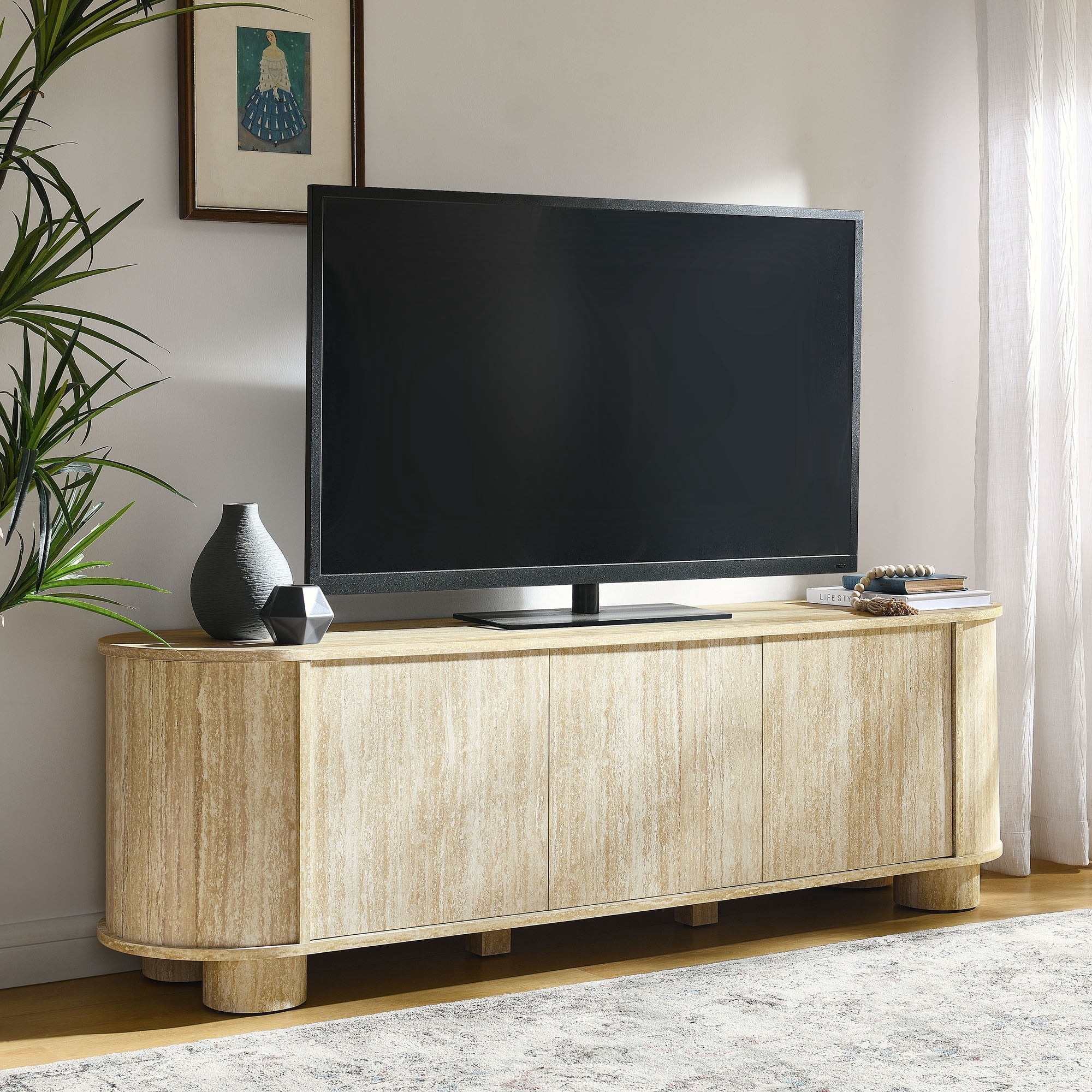 Modway Overture 63” Oval Faux Travertine TV Stand in Travertine