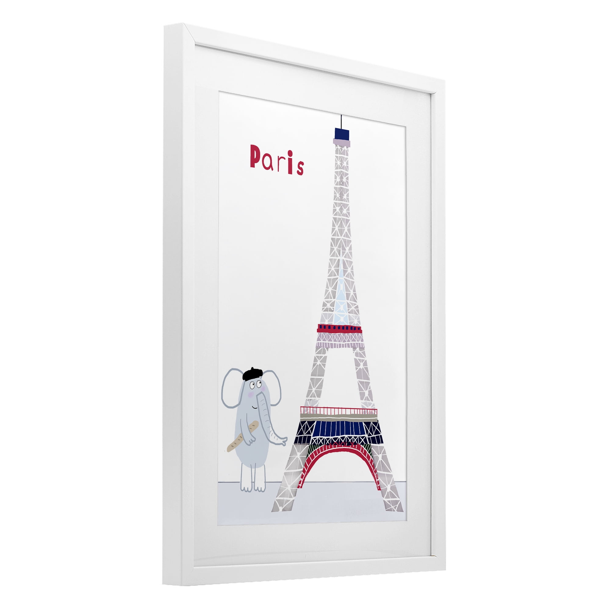 Elephant & Eiffel Tower White Framed Print Under Glass, design by Carla Daly