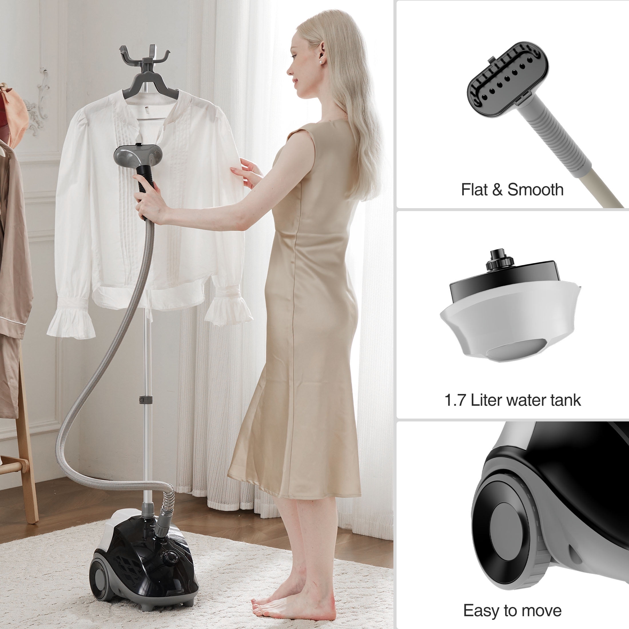 JOINSUN Standing Garment Steamer, 1.7 Litre Water Tank, Heats up in 45 Seconds, Steams for 55 Minutes, Black