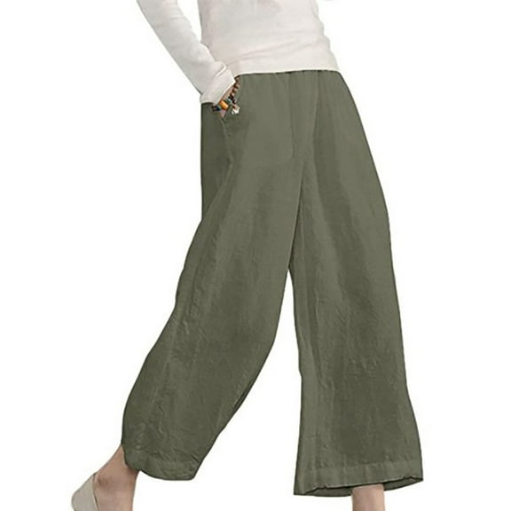 Holloyiver Women's Multiple Solid Color Cotton Linen Loose Casual Wide Leg Capris Olive Green L