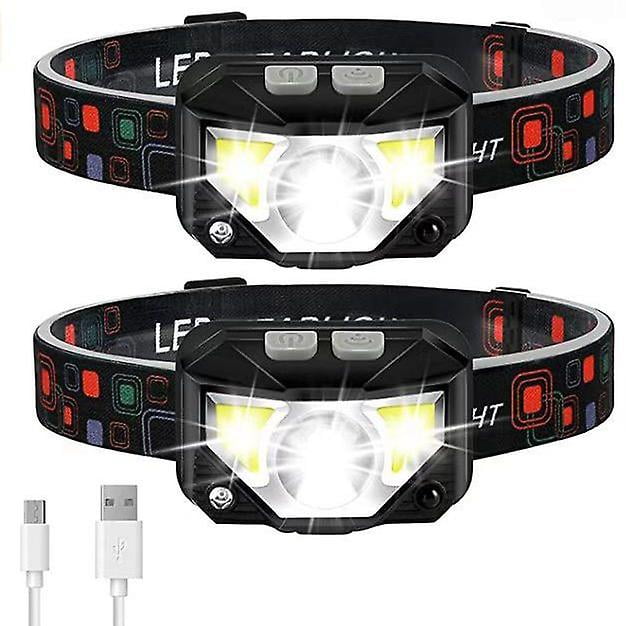 Linterna para faros delanteros, Faro LED recargable ultraligero y brillante con luz roja blanca, paquete de 2 faros delanteros con sensor de movimiento a prueba de agua, 6 modos, negro