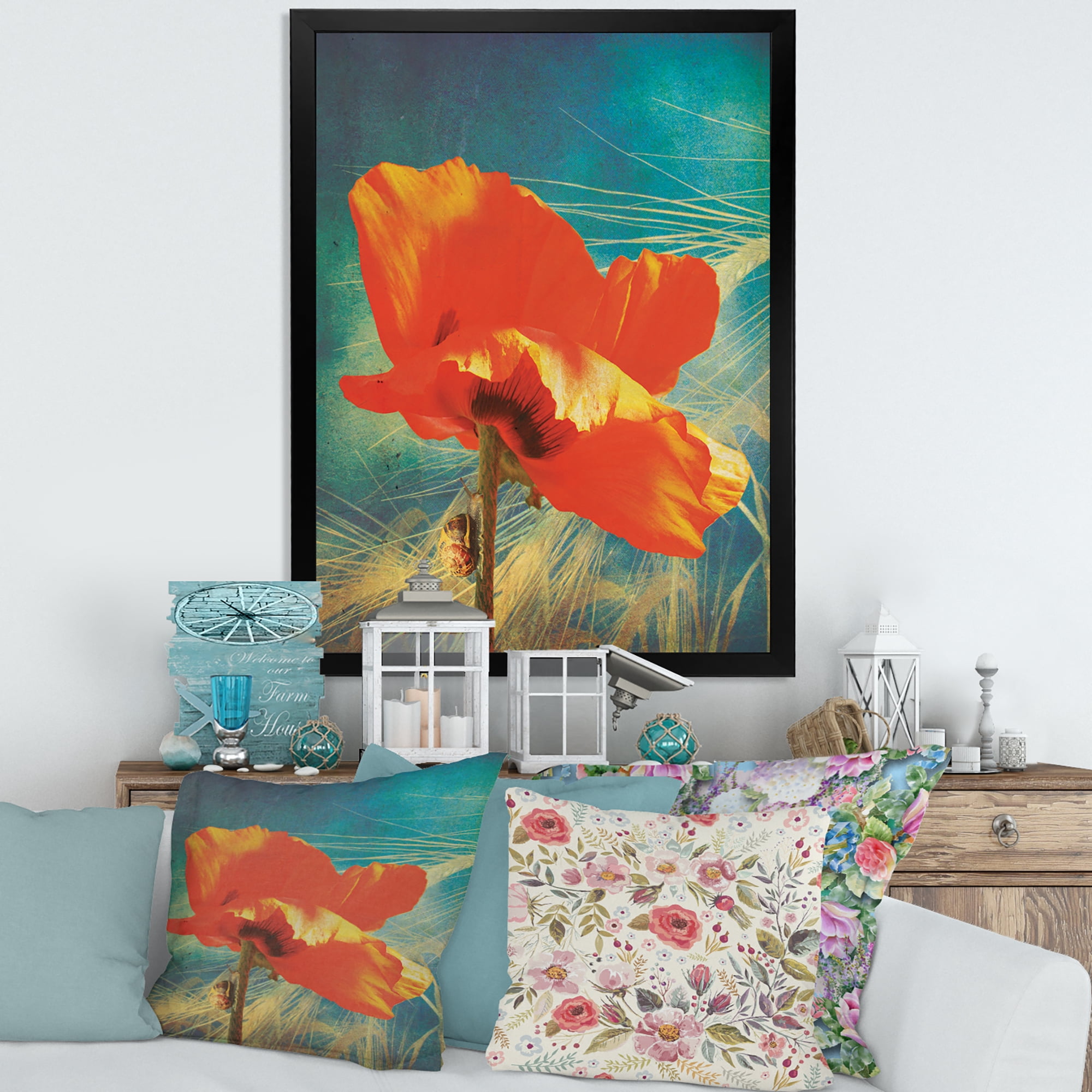 Designart 'Ancient Grunge Poppy' Traditional Framed Art Print