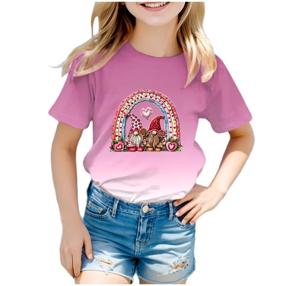 Gerichy Girls Graphic Print T-Shirt Girls Valentines Day Shirt Crewneck Summer Graphic Print Tops for Girls