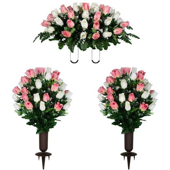 Sympathy Silks Artificial Cemetery Flowers Cream and Pink Rose Bud Saddle and 2 Bouquets with Vase