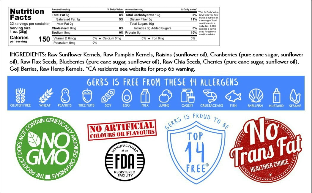 SuperFood Seed n' Dried Fruit Mix by Gerbs - 2 LBS. - Top 14 Food Allergen Free & NON GMO - Vegan & Kosher