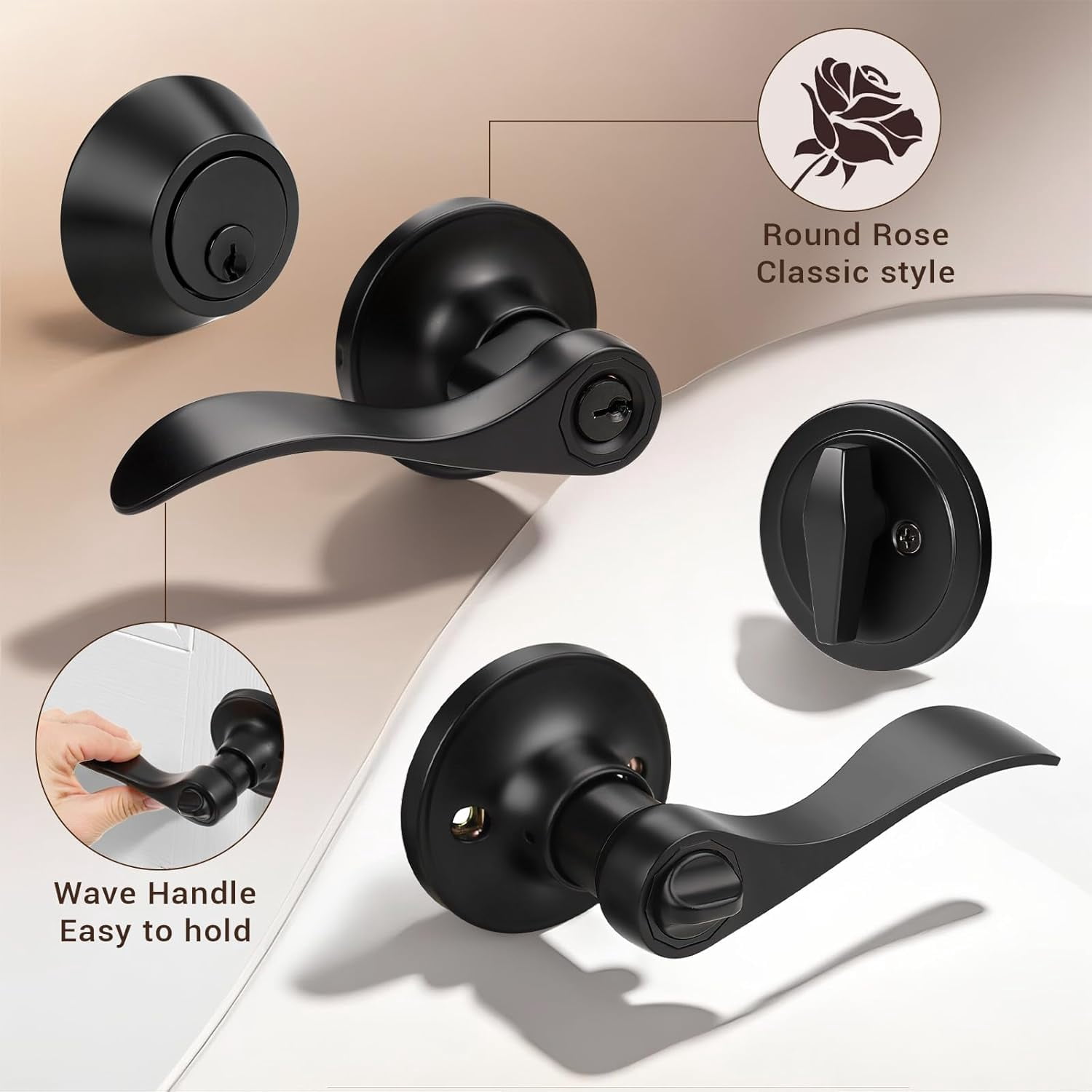 2 Sets of Front Exterior Door Knob Set with Single Cylinder Deadbolts in Matte Blac Finish, All Keyed Same Combo Pack, Wave Style Entry Door Lever Locks with Combinations