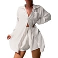 thumbnail image 3 of KelaJuan Women Summer 2 Pieces Clothes Outfits Solid Color Turn-Down Collar Long Sleeve Shirts and Elastic Waist Shorts Beach Holiday Set, 3 of 6