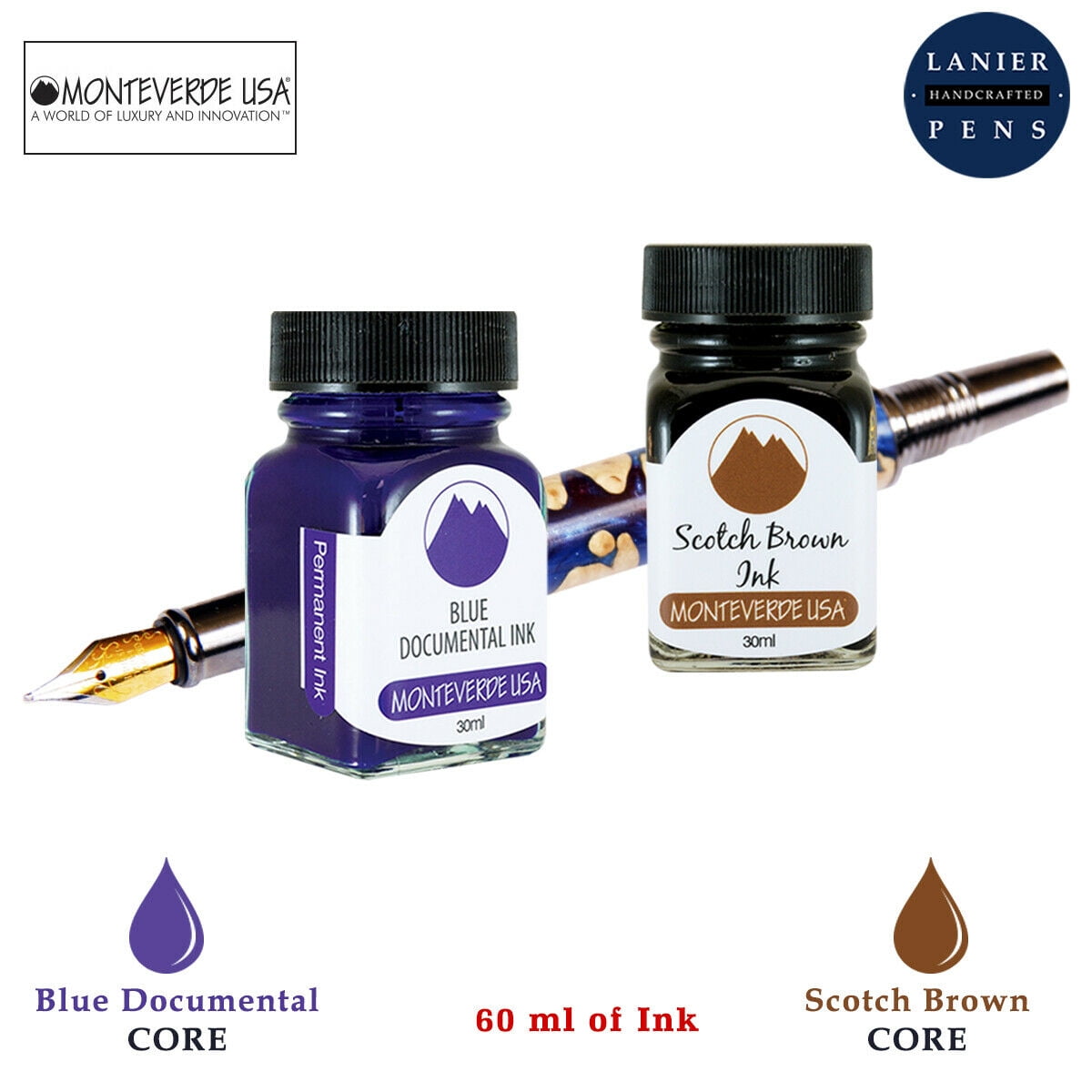 Monteverde 60ml Core Fountain Pen Ink Bottle (30ml Blue Documental Ink Bottle G309DU, 30ml Scotch Brown Ink Bottle G309SB)