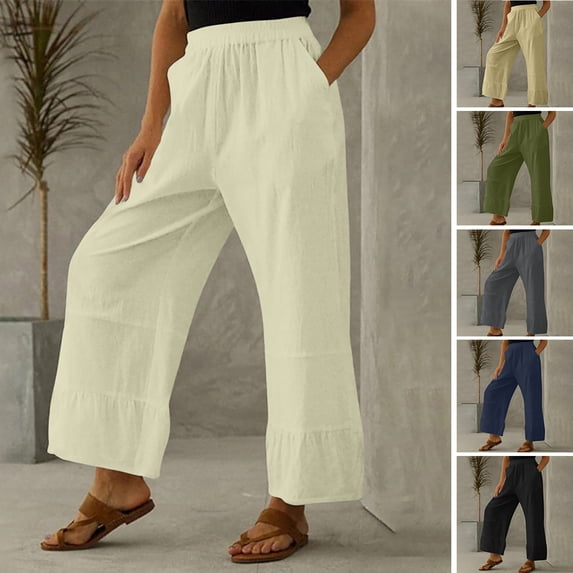 Dream Lifestyle Mid-Rise Elastic Waist Slant Pockets Woman Pants Pleated Stitching Straight Wide Leg Casual Trousers Female Clothing