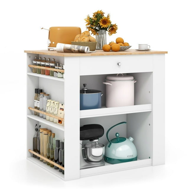 Gymax Kitchen Island w/Storage Rubber Wood Countertop 2-Door Cabinet Drawer Sideboard