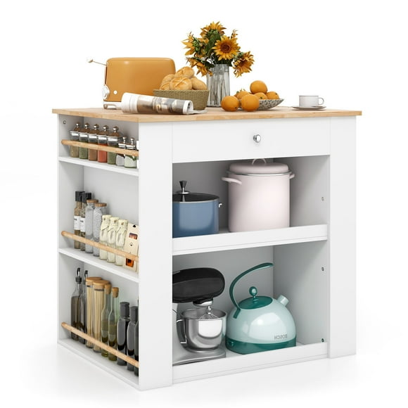 Gymax Kitchen Island w/Storage Rubber Wood Countertop 2-Door Cabinet Drawer Sideboard