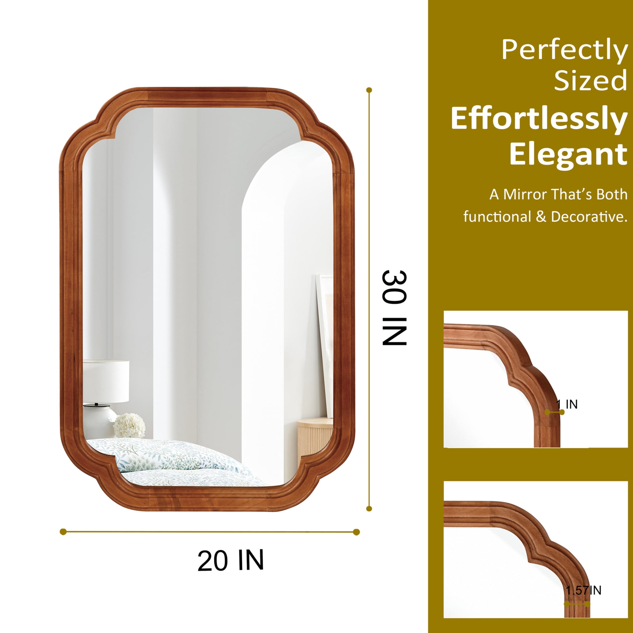 Noble House 20"x30" Rounded Corner Wall Mirror, Solid Wood Decorative Vanity Mirror, Yellowish