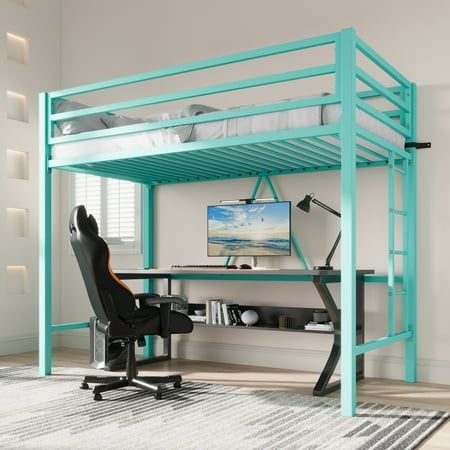 Sha Cerlin Metal Loft Bed Twin Size with Safety Guard & Removable Ladder Green