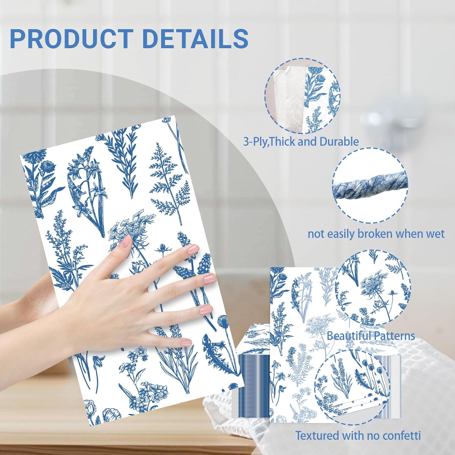 100PCS Blue Floral Napkins Disposable,Blue Chinoiserie Florals 3-Ply Paper Napkins Decorative Flower Guest Hand Towels for Bathroom Home Wedding Bridal Shower Birthday Party Napkins