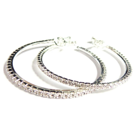 Clip-on Earrings 2.25 inch Silver Hoop Crystal Hoop Earrings
