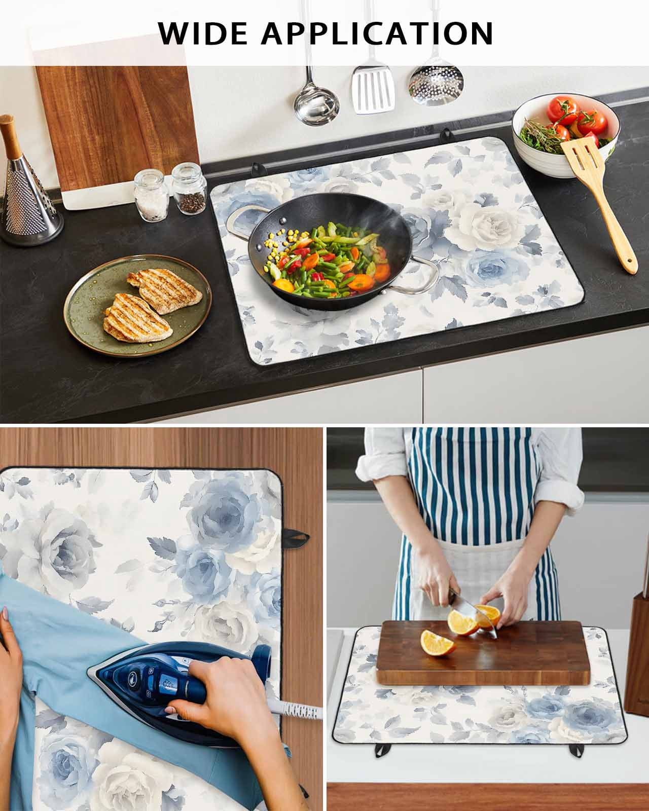 nqOlkjepod Large Induction Cooktop Protector Mat 24"x21", Blue White Floral Stove Top Covers for Electric Stove, Botanical Garden Flowers Leaves Stove Burner Cover Mats, Glass Top Stove Cover