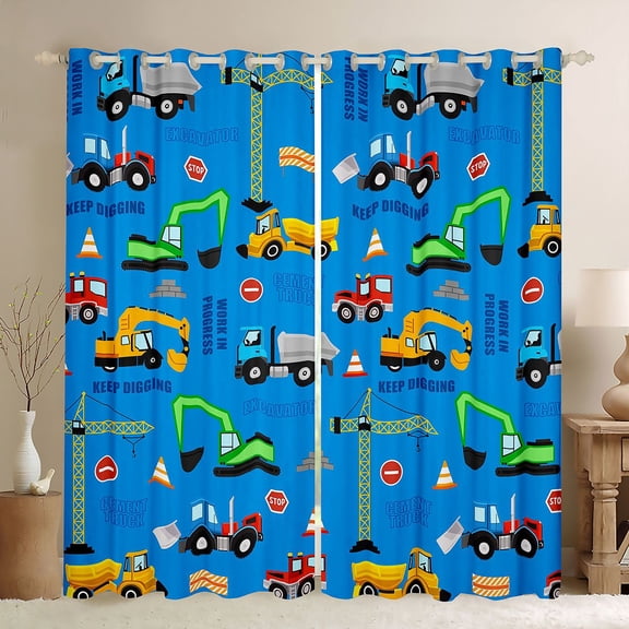Castle Fairy Construction Truck Pattern Black Out Curtains for Boys, "Keep Digging" Print Curtains Pack of 2 (42x63 Each) for Bedroom, Yellow Blue