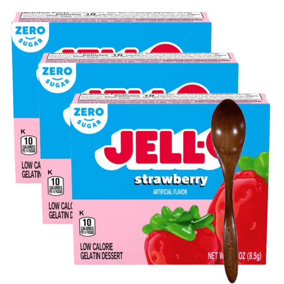 Candy Freezer Jεll-0 Gelatin Dessert Mix, 0.3 oz Box (Pack of 3) with Wooden Spoon (Strawberry Zero Sugar Flavor) - Wooden Spoon