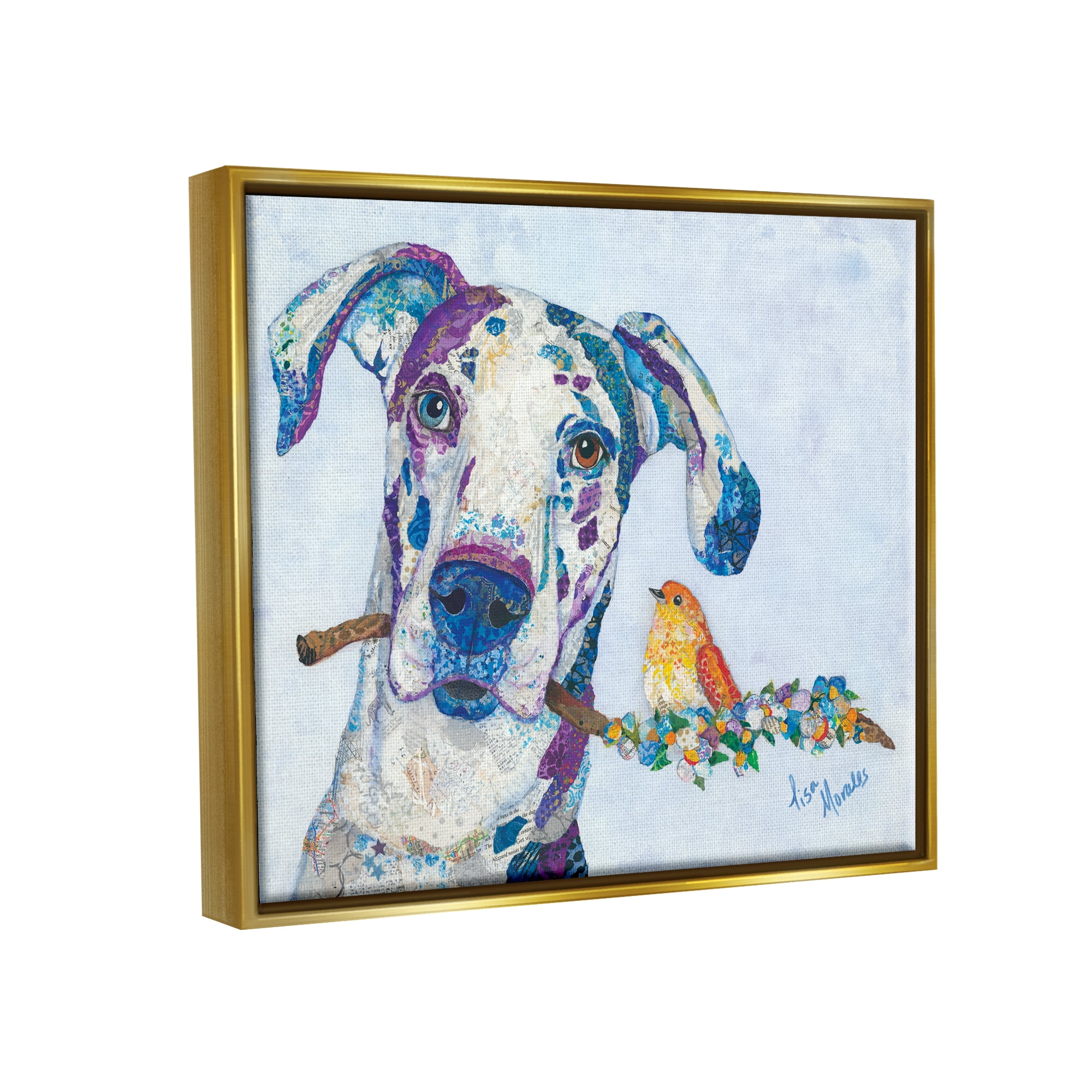 Stupell Industries Dane & Songbird Perched Branch Floral Dog Collage Painting Metallic Gold Floating Framed Canvas Print Wall Art, Design by Lisa Morales