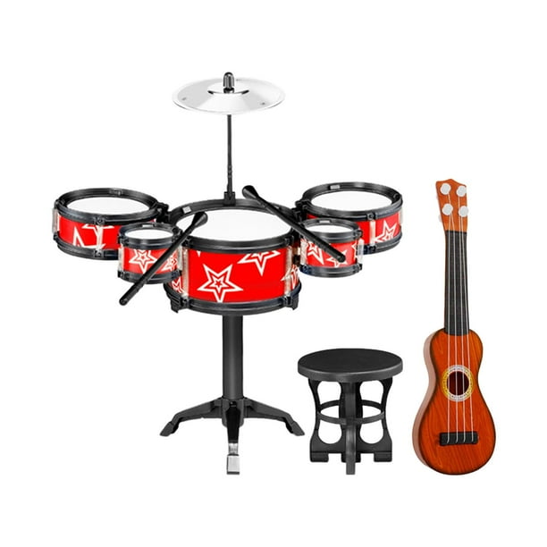 Baterías de simulación, juguetes de aprendizaje preescolar, tambor de jazz, juguetes musicales para niños pequeños Silla Guitarra Roja