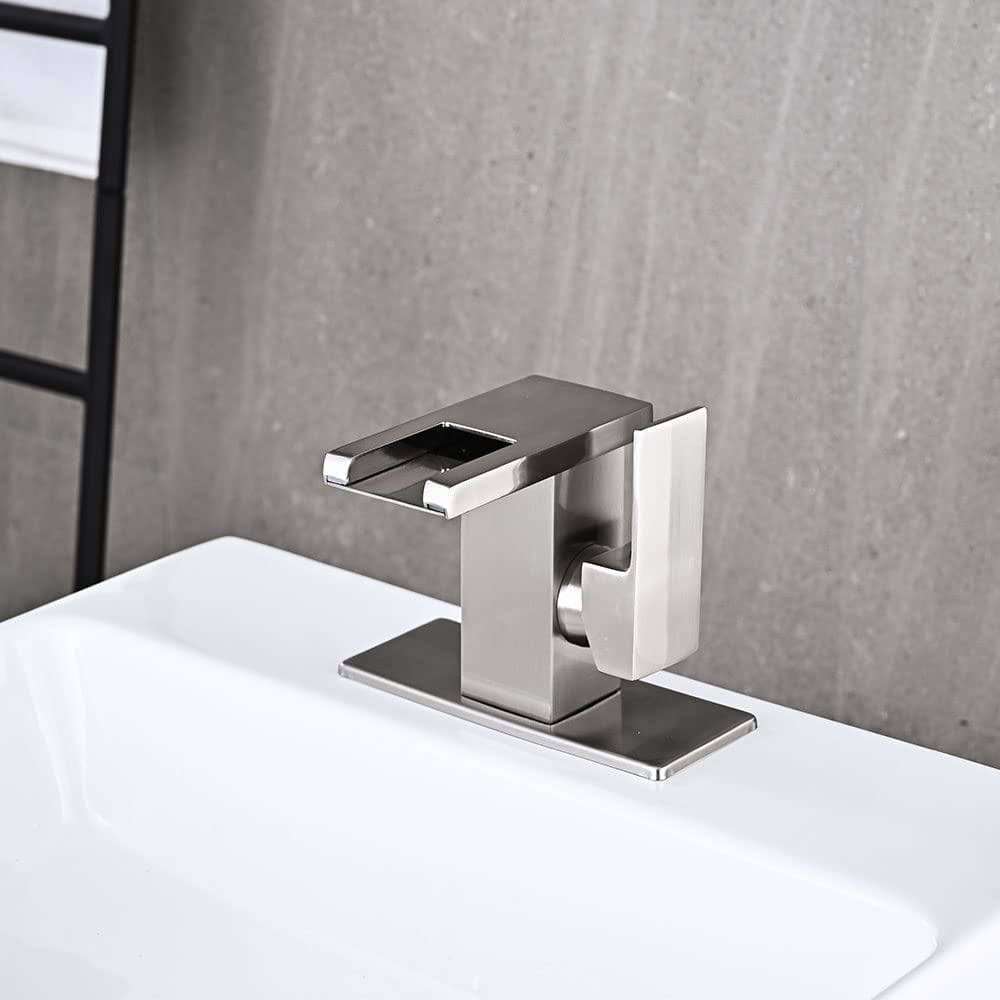 LED Bathroom Sink Faucet, Brushed Nickel Waterfall Single Hole Handle Vanity Faucets for Sinks 1 Hole with Metal Pop Up Drain and 2 Water Supply Lines, Side Handle