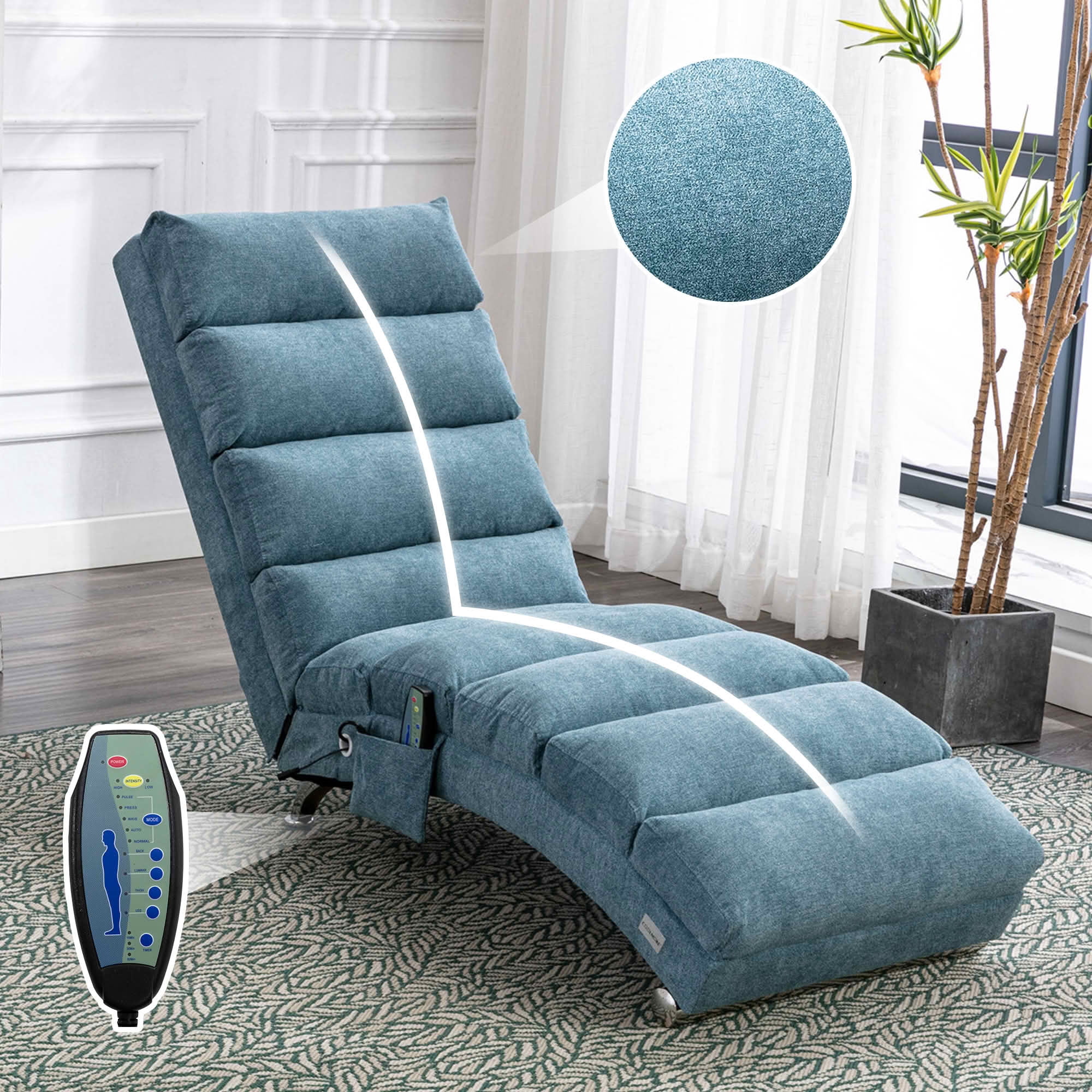 MAYEERTY Vibrating Upholstered Chaise Lounge Chair, Ergonomic Fixed Back Fabric Recliner Sofa with Side Pocket Remote Control for Living Room Bedroom
