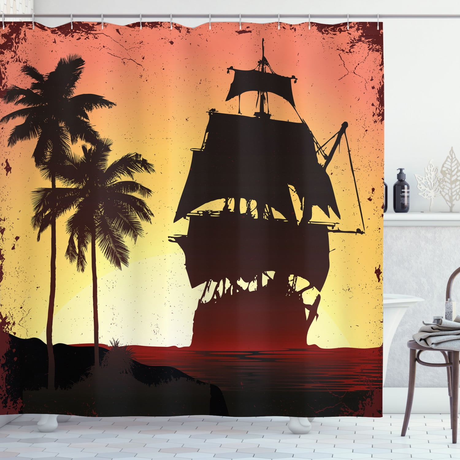 Pirate Shower Curtain, Buccaneers Ship Sailing on Mysterious Waters