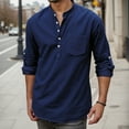 thumbnail image 6 of Mens Linen Henley Shirt Long Sleeve Band Collar Casual Hippie Tee Beach Button up Top Navy XL, 6 of 8