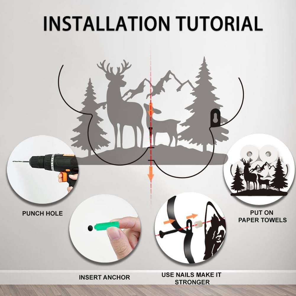 Deer Toilet Paper Holder Metal Forest Animal Wall Mounted Toilet Paper Storage for Extra 8 Rolls Funny Animal Toilet Paper Organizer Toilet Paper Roll Holder for Bathroom Home Office Décor Black