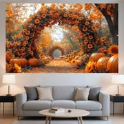 7x5ft Fall Photography Backdrop Autumn Forest Scenery Maple Leaves Pumpkins Sunflowers Arched Flower Door Photography Background Fall Farm Harvest Thanksgiving Day Party Photo Studio Props