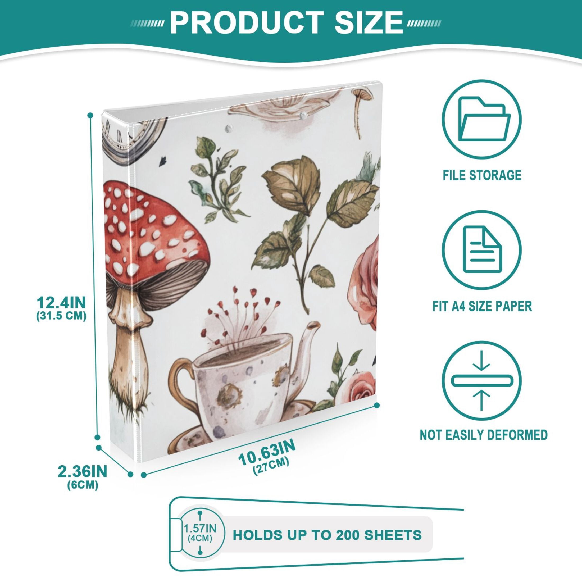 Clocks and Mushroom 3 Ring Binders 1.5 inch Hardcover File Folders with Interior Pockets A4 Size Organizer for School Office Hospital
