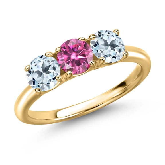 Gem Stone King 18K Yellow Gold Plated Silver Pink Moissanite and Sky Blue Topaz Engagement Ring for Women | 1.90 Cttw | Round 5MM | Gemstone Birthstone | Size 9