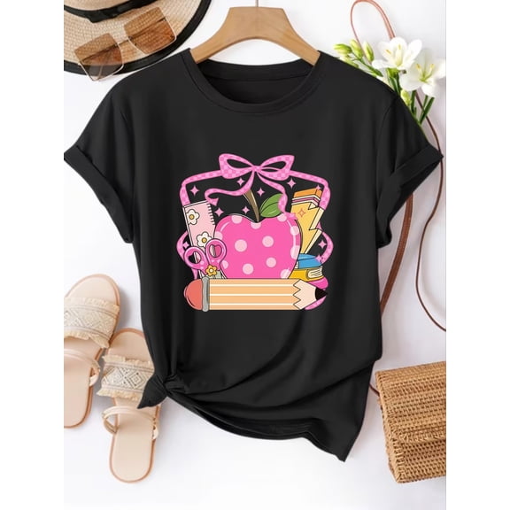 Women's Cute Retro Apple Pencil Teacher Graphic T-Shirt