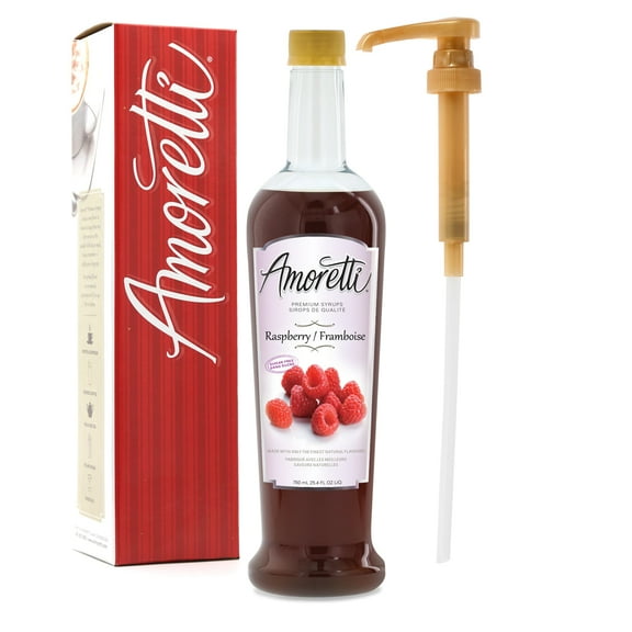 Amoretti - Sugar Free Raspberry Syrup, 94 Servings Per Bottle (750 ml), with Pump for Flavoring Coffees, Cocktails, and other Beverages, Gluten Free, GMO/GEO Free, Preservative Free