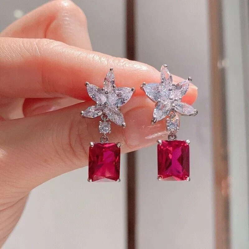 3 Ct Emerald Cubic Zirconia Ruby Drop Dangle Earrings, 14K White Gold Plated Sterling Silver
