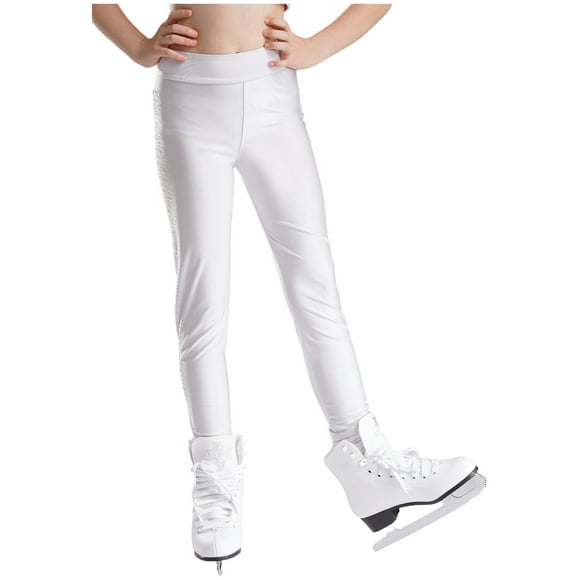 YONGHS Kids Girls Ice Skating Tights Figure Skating Trousers Sequin Rhinestones Pants Dance Gymnastics Leggings White 16