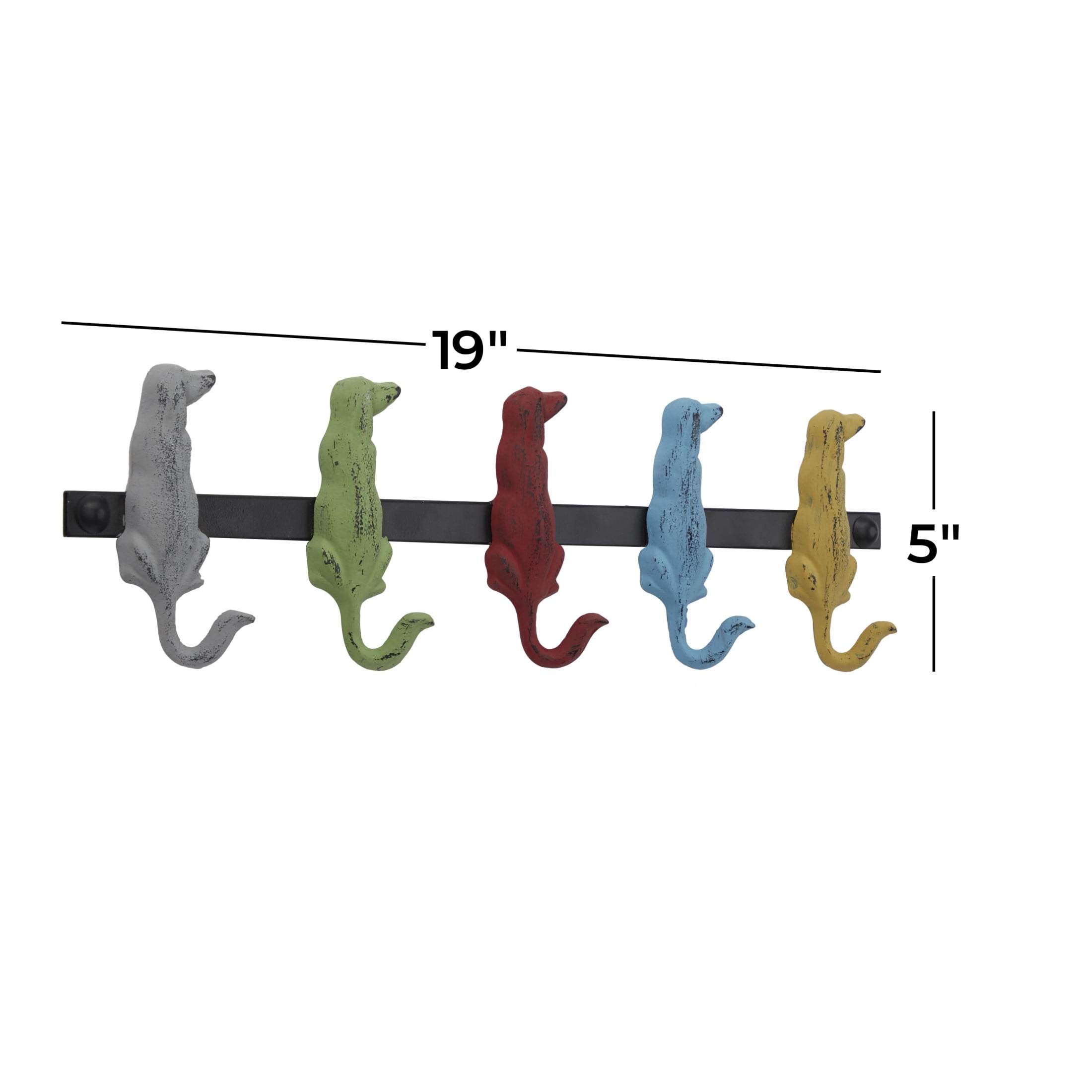DecMode 19" x 5" Multi Colored Metal 5 Hanger Dog Wall Hook, 1-Piece