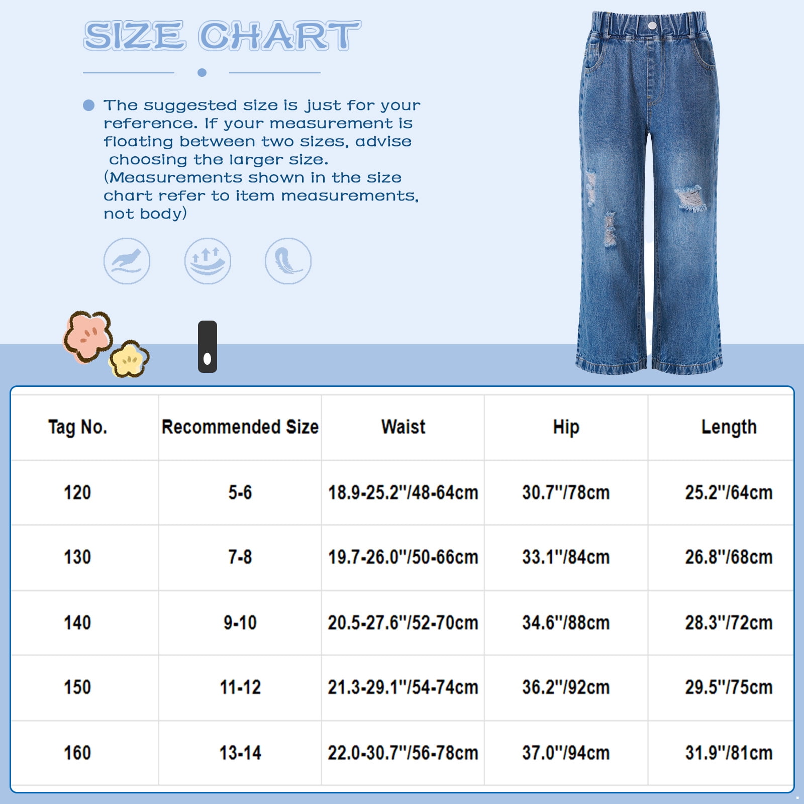 Kids Girls' Casual Wide Leg Baggy Ripped Jeans Cool Loose Fit Distressed Denim  Pants Size 5-14 Years, Blue1, 5-6 Years : : Fashion