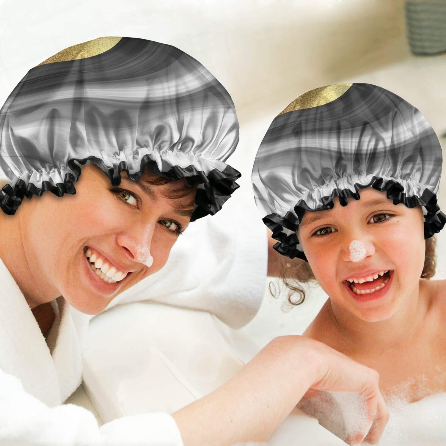 Shower Caps,Black Marble Gold Wave Pattern Waterproof Shower Cap for Women 4 Pieces,Double Reusable Hair Cover for Shower PEVA Elastic Stretch Hem