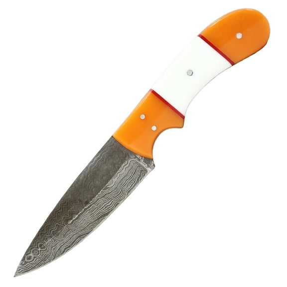 TheBoneEdge 8" Orange & White Resin Handle Damascus Blade Hunting Knife With Sheath