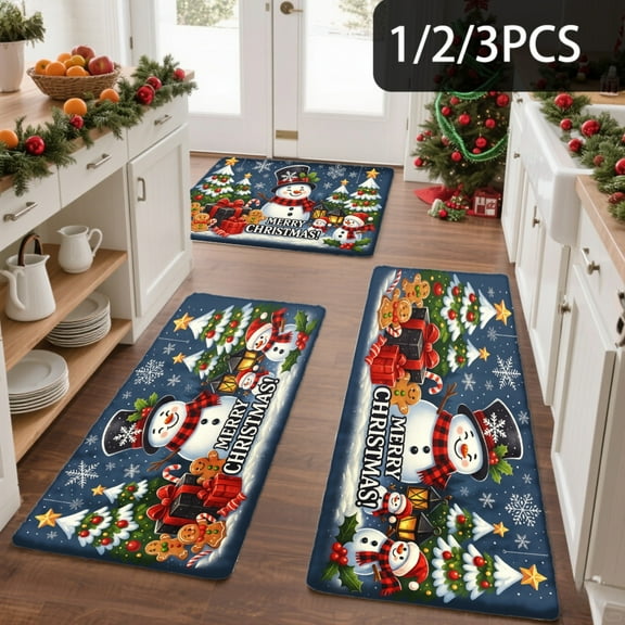 3PCS Kitchen Mat set, Welcome Door Flannel Rug,Home Decor for Front Door,Kitchen, Bathroom, Christmas Snowmen Trees Presents And ,Great Christmas Housewarming gift for Family and Friends.