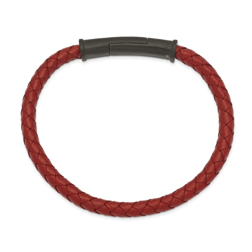 Diamond2Deal Stainless Steel Brushed Black IP-Plated Red Braided Leather Bracelet for Men 8.5"