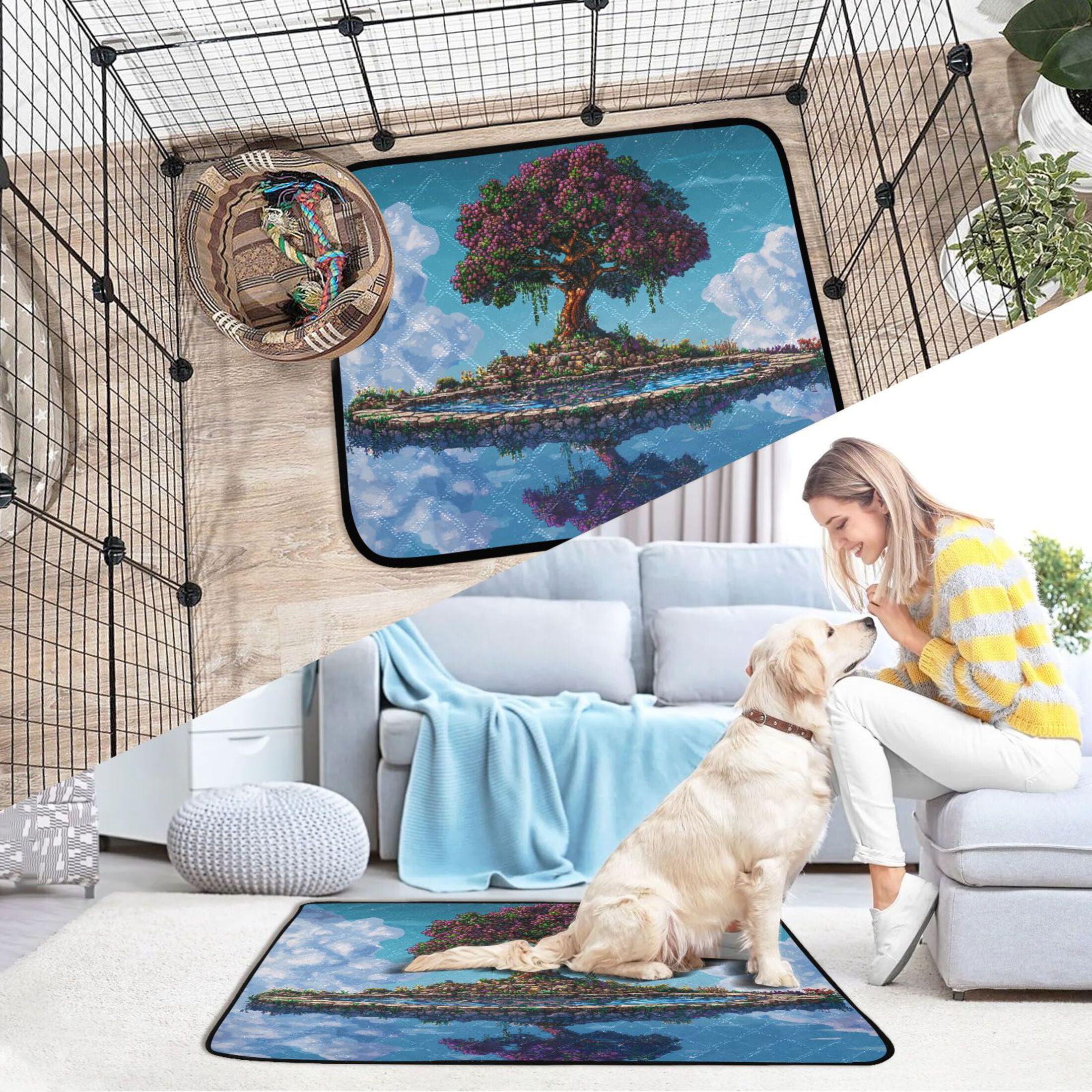 Qxltty Terraria Style Tree Cat litter Pads Pet Set of 2 Diaper Mats Center Anti-leakage Layer Absorbent Soft and Comfortable