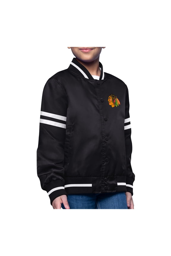 Youth-Starter  Black Chicago Blackhawks Printed Logo Satin Varsity Full-Snap Jacket