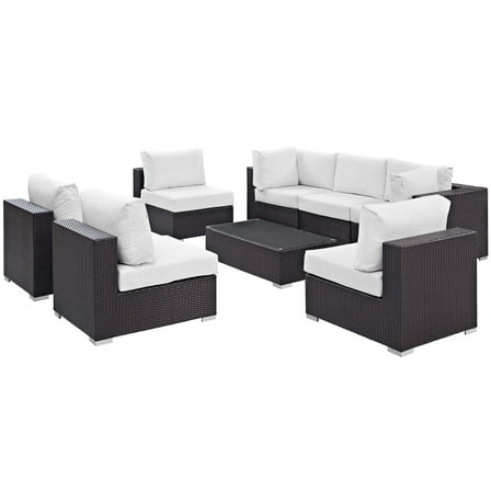 Modern Contemporary Urban Design Outdoor Patio Balcony Eight PCS Sectional Sofa Set, White, Rattan