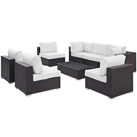 Modern Contemporary Urban Design Outdoor Patio Balcony Eight PCS Sectional Sofa Set, White, Rattan