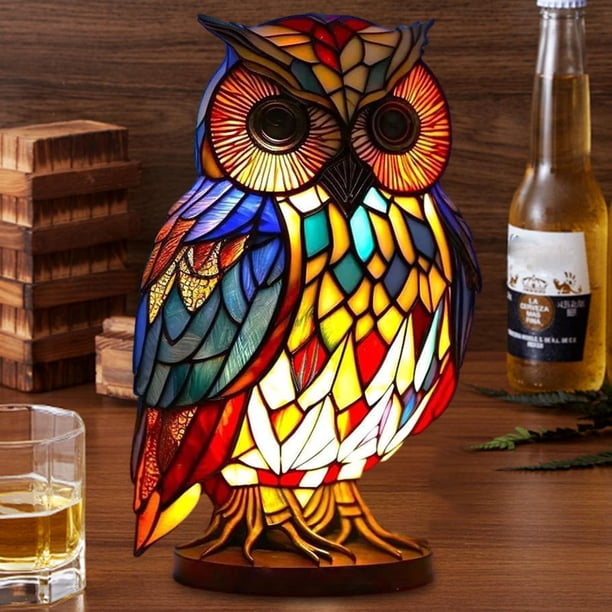 Luz de mesa de animales retro, vitral de resina, luz de noche, adorno para el hogar (búho)