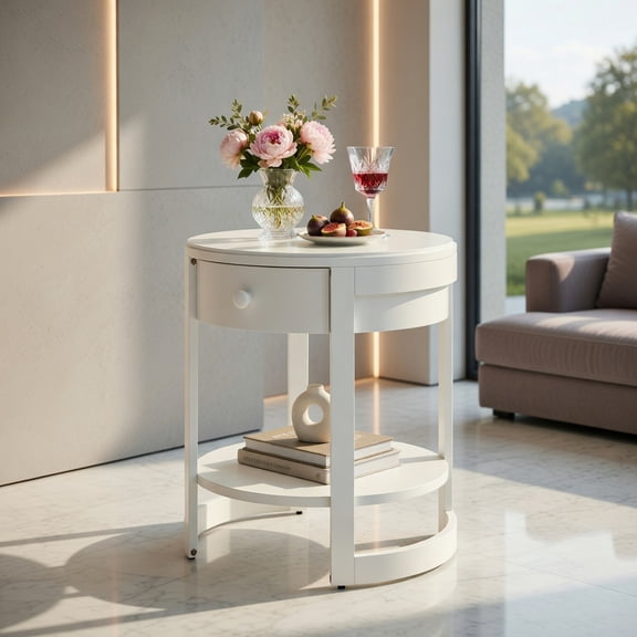 Resenkos Mid-Century Modern 2-Tier Round End Table or Nightstand, White