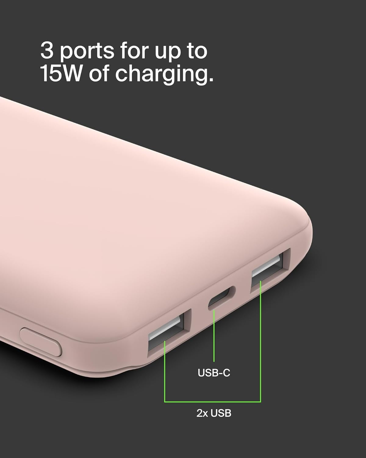 Belkin Portable Charger, USB-C Power Bank 10k w/ 1 USB-C Port and 2 USB-A Ports with USB-A to USB-C Cable for iPhone 16, 16 Plus, 16 Pro, 16 Pro Max, Samsung Galaxy S24, & More - Rose Gold